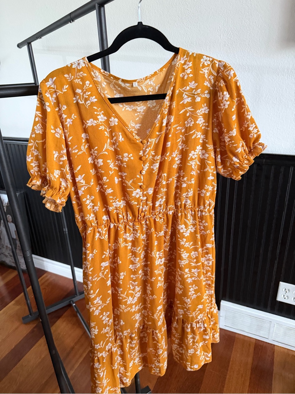 Women’s Mustard Floral Mini Dress - V-Neck Ruffle Sleeve
